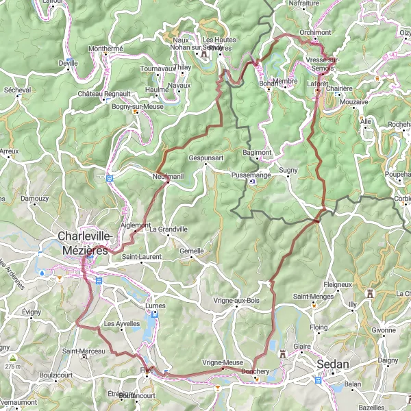Miniature de la carte de l'inspiration cycliste "Les Trésors Naturels des Ardennes" dans la Champagne-Ardenne, France. Générée par le planificateur d'itinéraire cycliste Tarmacs.app