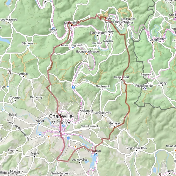 Miniature de la carte de l'inspiration cycliste "Exploration des environs de La Francheville" dans la Champagne-Ardenne, France. Générée par le planificateur d'itinéraire cycliste Tarmacs.app