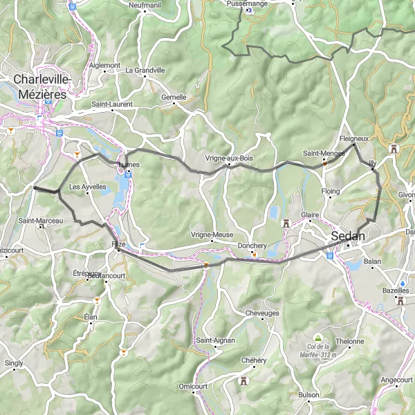 Miniature de la carte de l'inspiration cycliste "La Grande Boucle des Ardennes" dans la Champagne-Ardenne, France. Générée par le planificateur d'itinéraire cycliste Tarmacs.app