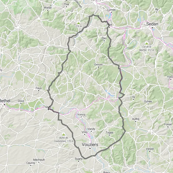 Miniature de la carte de l'inspiration cycliste "Parcours pittoresque dans les Ardennes" dans la Champagne-Ardenne, France. Générée par le planificateur d'itinéraire cycliste Tarmacs.app