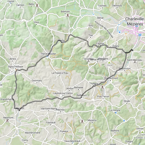 Miniature de la carte de l'inspiration cycliste "La Route des Vents d'Automne" dans la Champagne-Ardenne, France. Générée par le planificateur d'itinéraire cycliste Tarmacs.app