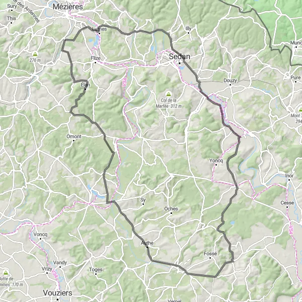 Miniature de la carte de l'inspiration cycliste "À la découverte des Vallées Ardennaises" dans la Champagne-Ardenne, France. Générée par le planificateur d'itinéraire cycliste Tarmacs.app
