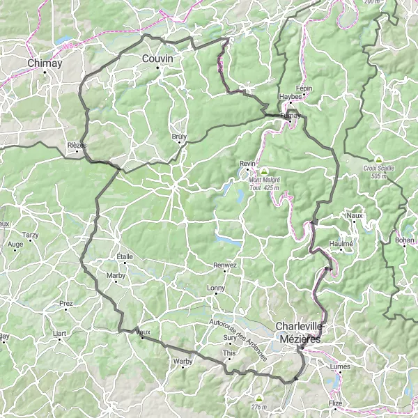 Miniature de la carte de l'inspiration cycliste "Les trésors du Sud Ardennes en route" dans la Champagne-Ardenne, France. Générée par le planificateur d'itinéraire cycliste Tarmacs.app