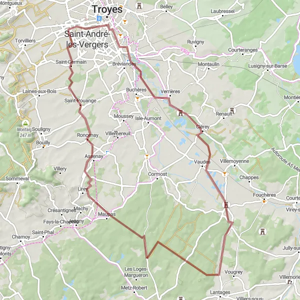 Map miniature of "Off the Beaten Path Gravel Adventure" cycling inspiration in Champagne-Ardenne, France. Generated by Tarmacs.app cycling route planner