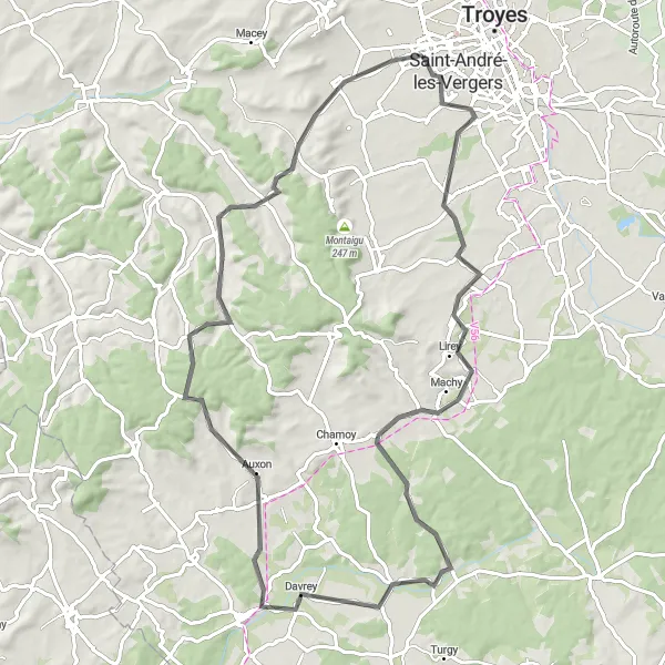 Miniature de la carte de l'inspiration cycliste "Tour de Roncenay et Saint-Phal" dans la Champagne-Ardenne, France. Générée par le planificateur d'itinéraire cycliste Tarmacs.app