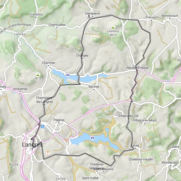 Map miniature of "Langres to Tour Piquante" cycling inspiration in Champagne-Ardenne, France. Generated by Tarmacs.app cycling route planner