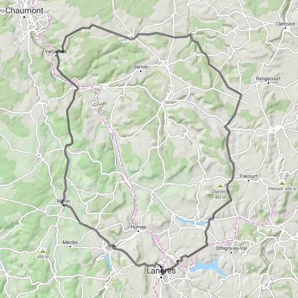 Miniature de la carte de l'inspiration cycliste "Boucle des vallées de la Bassigny" dans la Champagne-Ardenne, France. Générée par le planificateur d'itinéraire cycliste Tarmacs.app