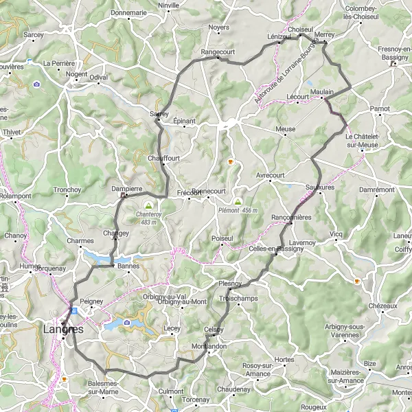 Miniature de la carte de l'inspiration cycliste "Parcours des Châteaux et panoramas" dans la Champagne-Ardenne, France. Générée par le planificateur d'itinéraire cycliste Tarmacs.app