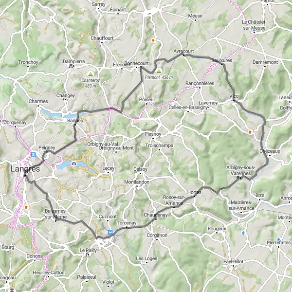 Map miniature of "Langres - Panorama Est Loop" cycling inspiration in Champagne-Ardenne, France. Generated by Tarmacs.app cycling route planner