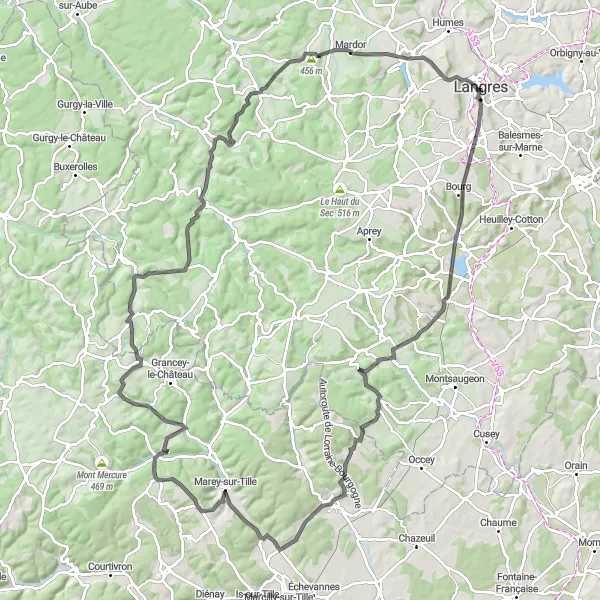 Map miniature of "Langres to Saints-Geosmes" cycling inspiration in Champagne-Ardenne, France. Generated by Tarmacs.app cycling route planner