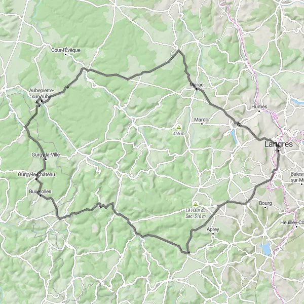 Miniature de la carte de l'inspiration cycliste "Aventure vallonnée aux alentours de Langres" dans la Champagne-Ardenne, France. Générée par le planificateur d'itinéraire cycliste Tarmacs.app