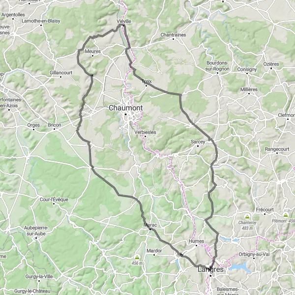 Map miniature of "Langres to Marac" cycling inspiration in Champagne-Ardenne, France. Generated by Tarmacs.app cycling route planner