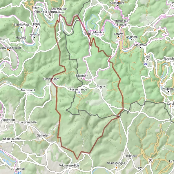 Miniature de la carte de l'inspiration cycliste "La Boucle Bohan-Gespunsart" dans la Champagne-Ardenne, France. Générée par le planificateur d'itinéraire cycliste Tarmacs.app