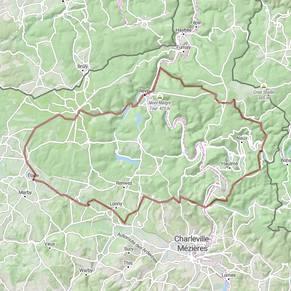 Miniature de la carte de l'inspiration cycliste "Boucle Nature des Ardennes" dans la Champagne-Ardenne, France. Générée par le planificateur d'itinéraire cycliste Tarmacs.app