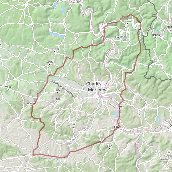 Map miniature of "Gravel Adventure in the Ardennes" cycling inspiration in Champagne-Ardenne, France. Generated by Tarmacs.app cycling route planner