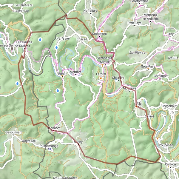 Miniature de la carte de l'inspiration cycliste "Boucle de la Semois et de la Meuse" dans la Champagne-Ardenne, France. Générée par le planificateur d'itinéraire cycliste Tarmacs.app