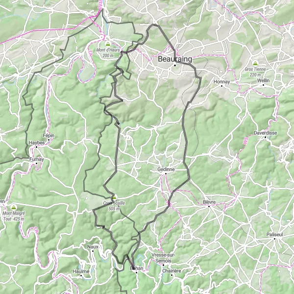 Miniature de la carte de l'inspiration cycliste "Escapade Ardennaise" dans la Champagne-Ardenne, France. Générée par le planificateur d'itinéraire cycliste Tarmacs.app