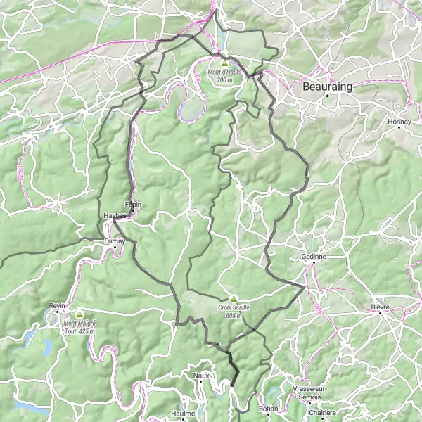 Miniature de la carte de l'inspiration cycliste "Les Balcons de la Meuse" dans la Champagne-Ardenne, France. Générée par le planificateur d'itinéraire cycliste Tarmacs.app