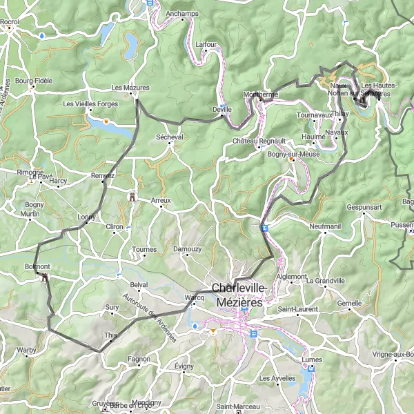 Miniature de la carte de l'inspiration cycliste "Boucle des Vallées Ardennaises" dans la Champagne-Ardenne, France. Générée par le planificateur d'itinéraire cycliste Tarmacs.app