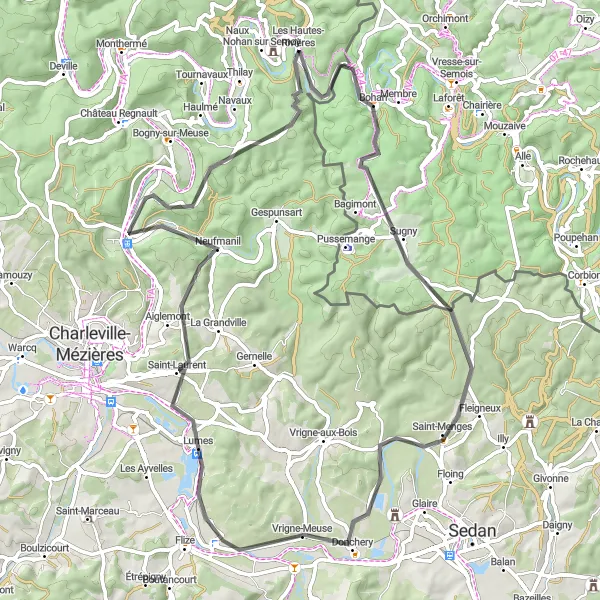 Miniature de la carte de l'inspiration cycliste "Boucle Les Hautes-Rivières - Nouzonville" dans la Champagne-Ardenne, France. Générée par le planificateur d'itinéraire cycliste Tarmacs.app