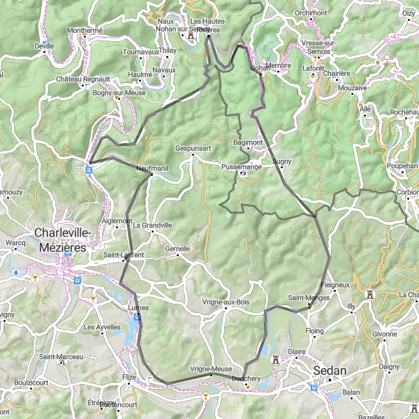 Map miniature of "Picturesque Road Tour to Les Hautes-Rivières" cycling inspiration in Champagne-Ardenne, France. Generated by Tarmacs.app cycling route planner