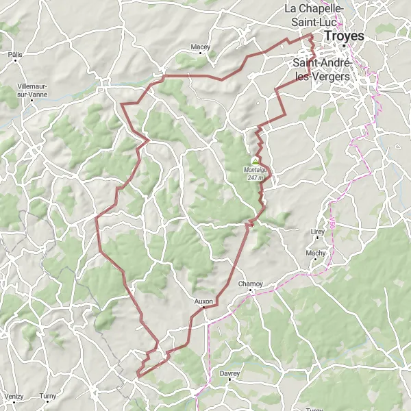 Map miniature of "Champagne Gravel Adventure" cycling inspiration in Champagne-Ardenne, France. Generated by Tarmacs.app cycling route planner