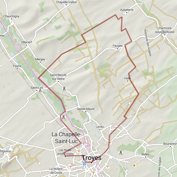 Miniature de la carte de l'inspiration cycliste "Circuit des Collines de Champagne" dans la Champagne-Ardenne, France. Générée par le planificateur d'itinéraire cycliste Tarmacs.app