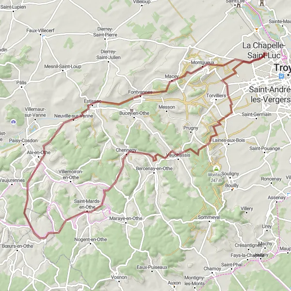 Map miniature of "Challenging Gravel Adventure" cycling inspiration in Champagne-Ardenne, France. Generated by Tarmacs.app cycling route planner