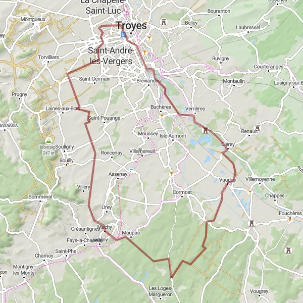 Miniature de la carte de l'inspiration cycliste "Les Noës-près-Troyes - Chevillèle Gravel Adventure" dans la Champagne-Ardenne, France. Générée par le planificateur d'itinéraire cycliste Tarmacs.app