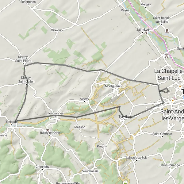 Map miniature of "Exploring Les Noës-près-Troyes" cycling inspiration in Champagne-Ardenne, France. Generated by Tarmacs.app cycling route planner