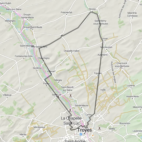 Miniature de la carte de l'inspiration cycliste "Les Noës-près-Troyes - Troyes Loop" dans la Champagne-Ardenne, France. Générée par le planificateur d'itinéraire cycliste Tarmacs.app