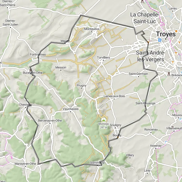 Miniature de la carte de l'inspiration cycliste "Route des Vignobles et Châteaux" dans la Champagne-Ardenne, France. Générée par le planificateur d'itinéraire cycliste Tarmacs.app