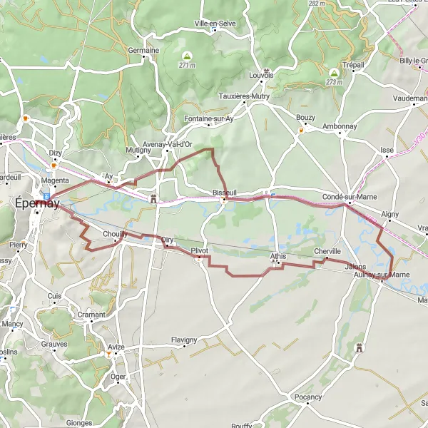 Miniature de la carte de l'inspiration cycliste "Aventure dans la campagne champenoise" dans la Champagne-Ardenne, France. Générée par le planificateur d'itinéraire cycliste Tarmacs.app