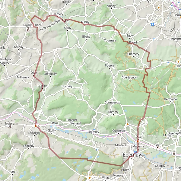 Map miniature of "Scenic Gravel Route" cycling inspiration in Champagne-Ardenne, France. Generated by Tarmacs.app cycling route planner