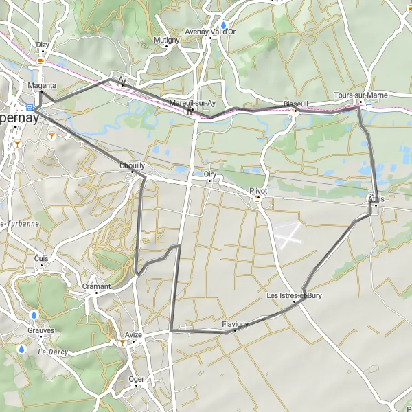 Map miniature of "A relaxing road cycling adventure near Magenta" cycling inspiration in Champagne-Ardenne, France. Generated by Tarmacs.app cycling route planner