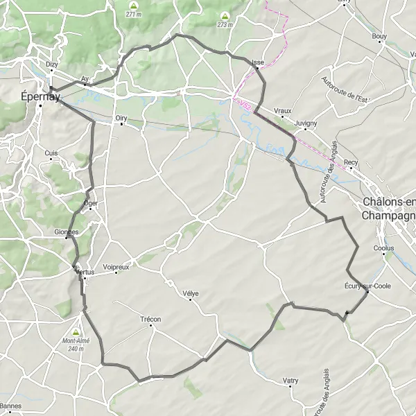 Miniature de la carte de l'inspiration cycliste "Tour panoramique de Champagne" dans la Champagne-Ardenne, France. Générée par le planificateur d'itinéraire cycliste Tarmacs.app