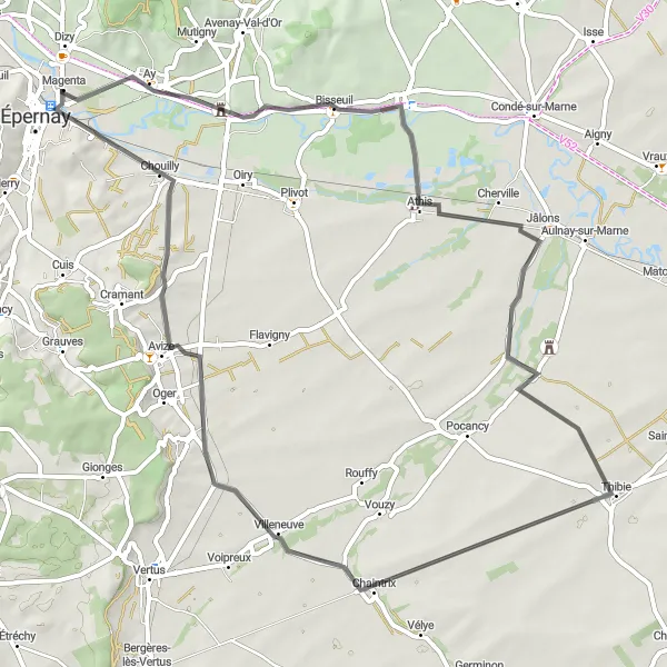 Miniature de la carte de l'inspiration cycliste "La Route des Châteaux de Champagne" dans la Champagne-Ardenne, France. Générée par le planificateur d'itinéraire cycliste Tarmacs.app