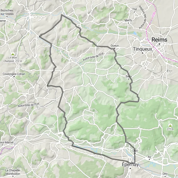 Miniature de la carte de l'inspiration cycliste "La Grande Boucle du Champagne" dans la Champagne-Ardenne, France. Générée par le planificateur d'itinéraire cycliste Tarmacs.app