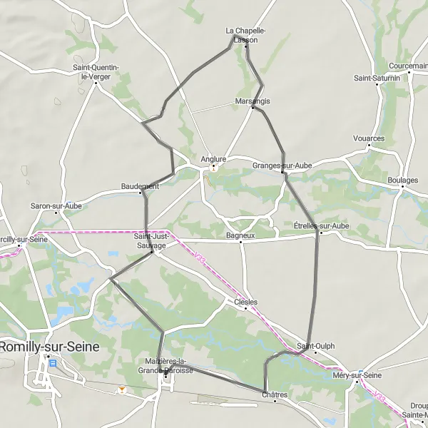 Miniature de la carte de l'inspiration cycliste "La Boucle des Villages Champenois" dans la Champagne-Ardenne, France. Générée par le planificateur d'itinéraire cycliste Tarmacs.app