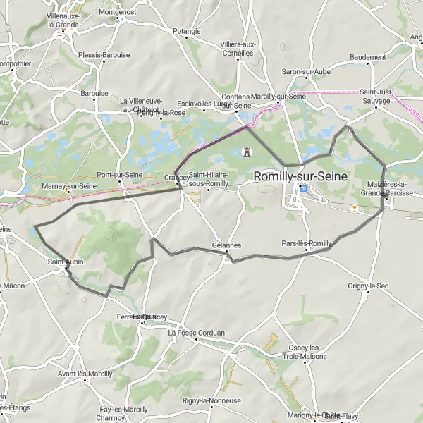 Map miniature of "Scenic Road Ride near Maizières-la-Grande-Paroisse" cycling inspiration in Champagne-Ardenne, France. Generated by Tarmacs.app cycling route planner