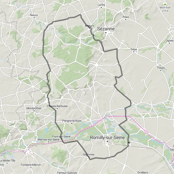 Map miniature of "Road Route around Maizières-la-Grande-Paroisse" cycling inspiration in Champagne-Ardenne, France. Generated by Tarmacs.app cycling route planner