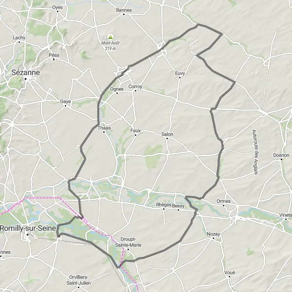 Map miniature of "Challenging Road Cycling Route around Maizières-la-Grande-Paroisse" cycling inspiration in Champagne-Ardenne, France. Generated by Tarmacs.app cycling route planner