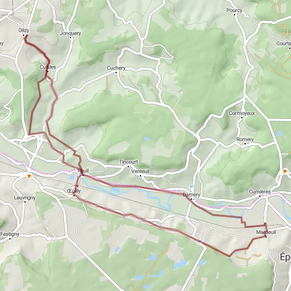 Map miniature of "Discover Hidden Gems: Vauciennes to Reuil Gravel Route" cycling inspiration in Champagne-Ardenne, France. Generated by Tarmacs.app cycling route planner