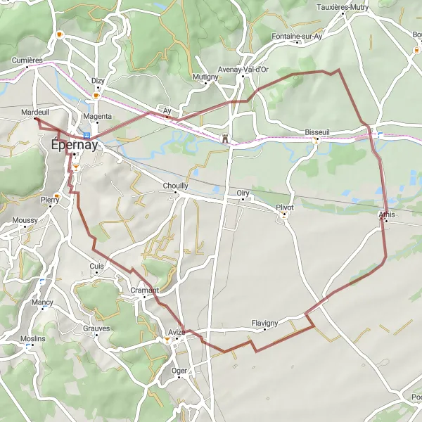 Miniature de la carte de l'inspiration cycliste "Les Chemins d'Évasion d'Épernay" dans la Champagne-Ardenne, France. Générée par le planificateur d'itinéraire cycliste Tarmacs.app