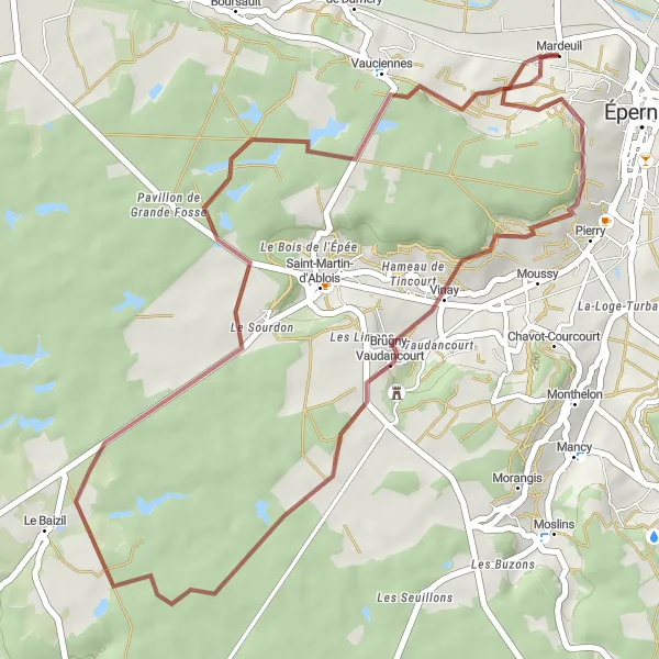 Map miniature of "Gravel Excursion: Brugny-Vaudancourt Adventure" cycling inspiration in Champagne-Ardenne, France. Generated by Tarmacs.app cycling route planner