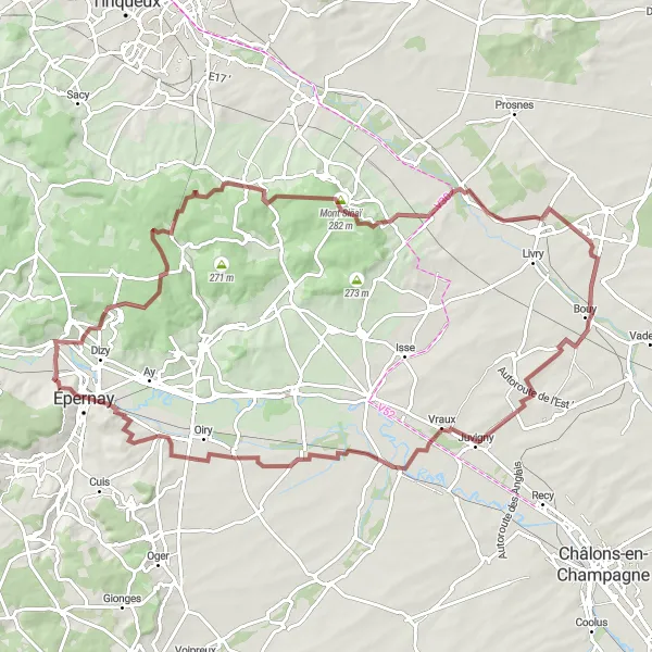 Map miniature of "Gravel Adventure: Exploring Cumières and Sept-Saulx" cycling inspiration in Champagne-Ardenne, France. Generated by Tarmacs.app cycling route planner