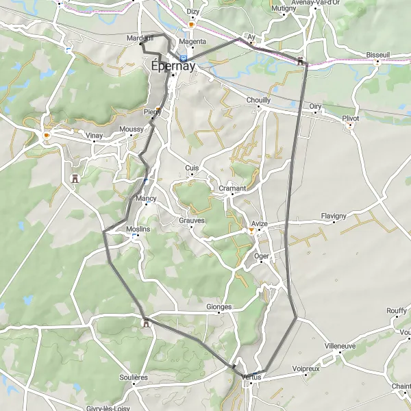 Miniature de la carte de l'inspiration cycliste "Les Châteaux et Vignes de Mareuil-sur-Ay" dans la Champagne-Ardenne, France. Générée par le planificateur d'itinéraire cycliste Tarmacs.app