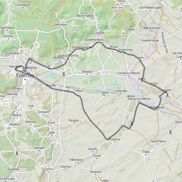Miniature de la carte de l'inspiration cycliste "Boucle pittoresque autour d'Ay" dans la Champagne-Ardenne, France. Générée par le planificateur d'itinéraire cycliste Tarmacs.app