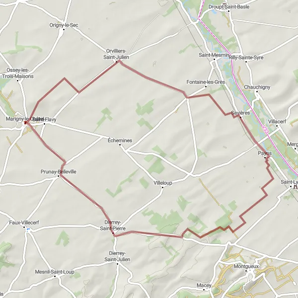 Miniature de la carte de l'inspiration cycliste "Boucle autour de Marigny-le-Châtel" dans la Champagne-Ardenne, France. Générée par le planificateur d'itinéraire cycliste Tarmacs.app