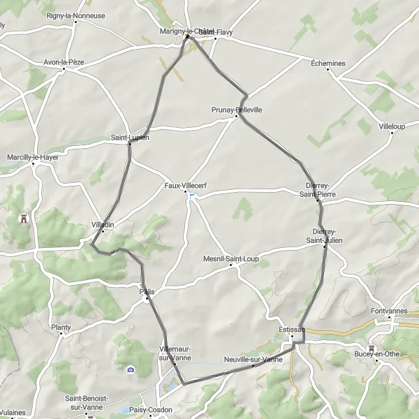 Miniature de la carte de l'inspiration cycliste "Le Circuit des Villages de l'Aube" dans la Champagne-Ardenne, France. Générée par le planificateur d'itinéraire cycliste Tarmacs.app